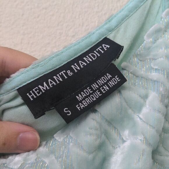 Anthropologie Hemant & Nandita Aqua Velvet and Gold Threaded Maxi Dress - Picture 5 of 7